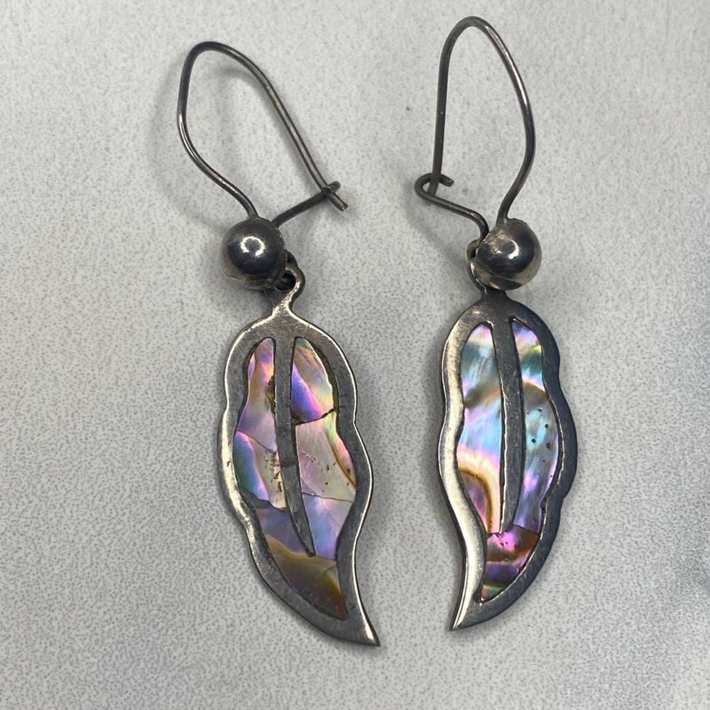 Taxco sterling silver abalone feather earrings 925 vintage